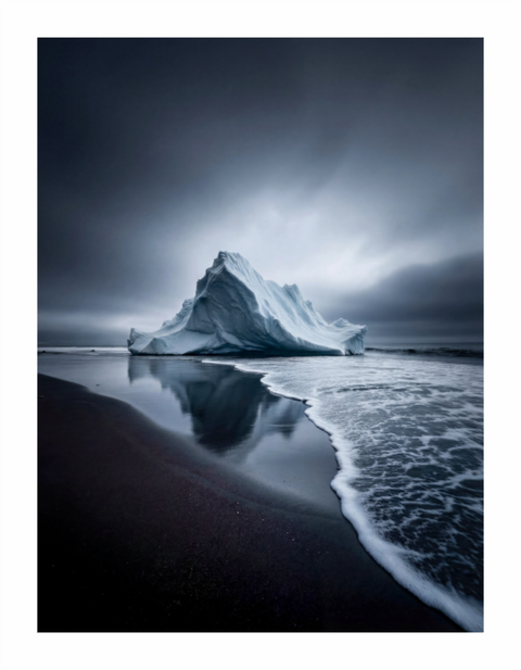 Main image "Obsidian Shore" – Sculptural Iceberg on Black Sand Fine Art Print