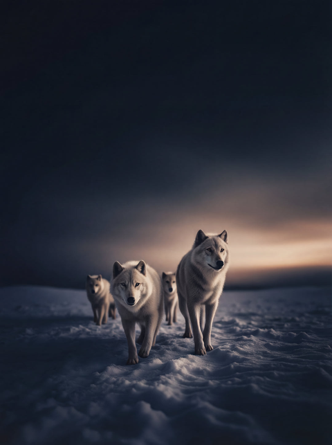 Fine art print of a pack of Arctic wolves walking across snow at twilight with storm clouds and a golden horizon.