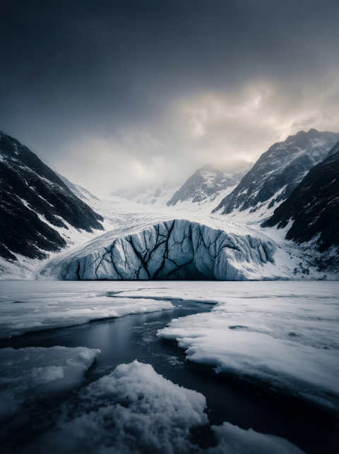 Fine art print of a glacier terminus with dark crevasses and fragmented sea ice, set between snow-dusted mountains under an overcast sky.