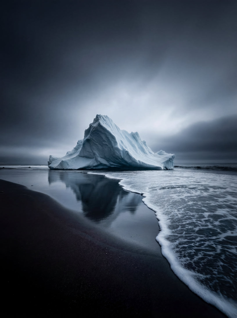 Obsidian Shore – Sculptural Iceberg on Black Sand Fine Art Print - chaipeau
