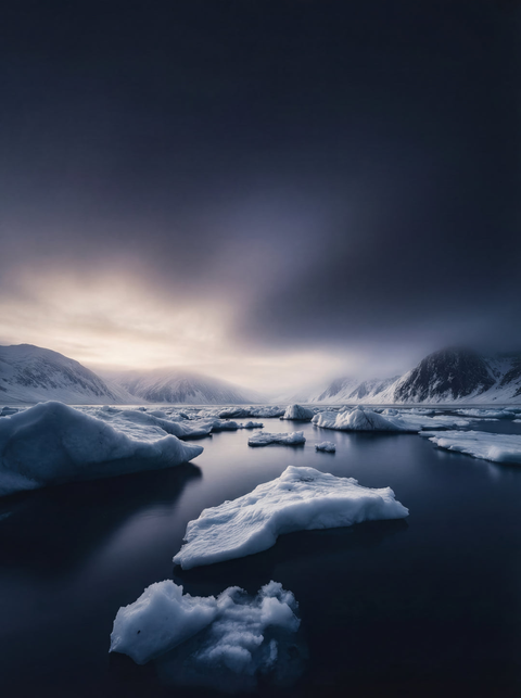 Fine art print of a calm fjord with scattered white ice fragments floating on dark, mirror-like water under a misty sky.