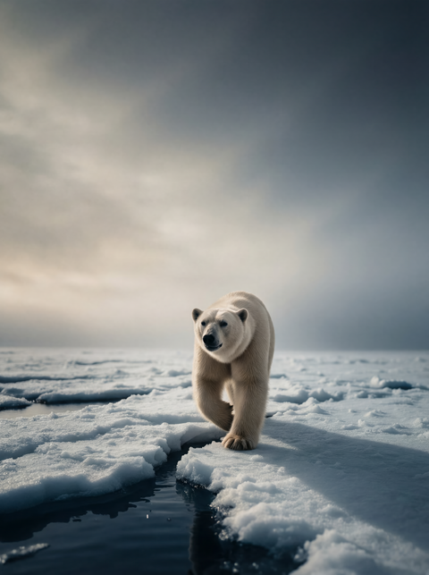 Fine art print of a polar bear walking towards the camera on broken sea ice under a dramatic grey and gold sky.