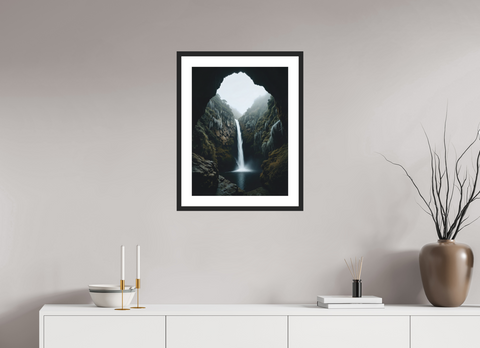 45 x 60 cm, Fine Art Print — Framed "Secret Sanctuary" – Hidden Waterfall Cave Fine Art Print