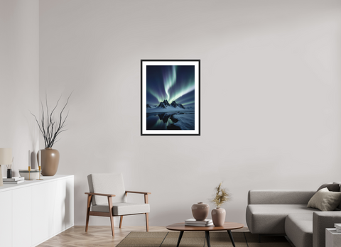 60 x 80 cm, Fine Art Print — Framed "Northern Reflection" – Aurora Borealis Landscape Fine Art Print