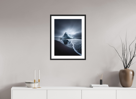45 x 60 cm, Fine Art Print — Framed "Obsidian Shore" – Sculptural Iceberg on Black Sand Fine Art Print