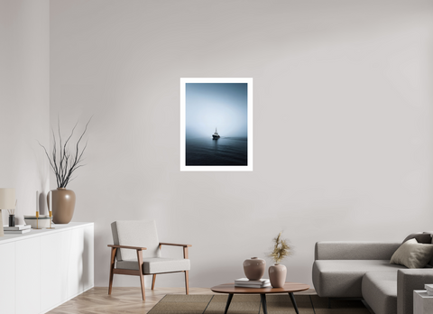 60 x 80 cm, Fine Art Print — Unframed "Into the Grey" – Minimalist Fishing Boat Fine Art Print