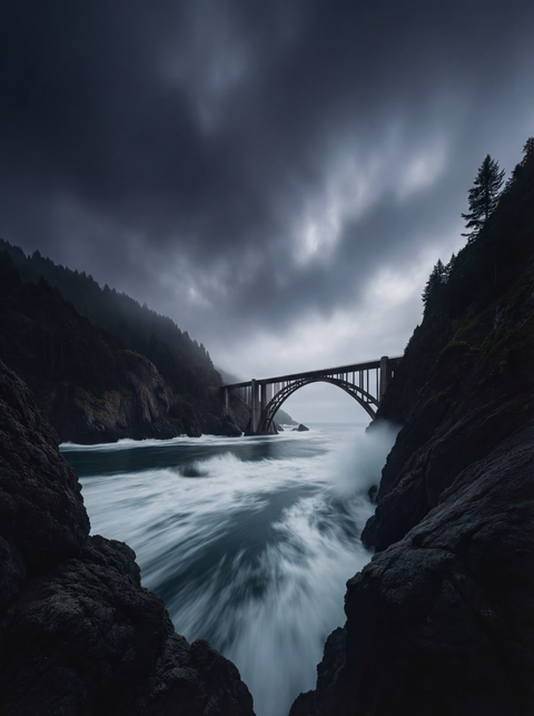 Spanning the Storm – Cinematic Coastal Bridge Fine Art Print - chaipeau