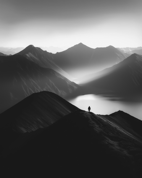 Explorer on Mountain Ridge | Framed Poster | Premium Frame | Black & White - chaipeau