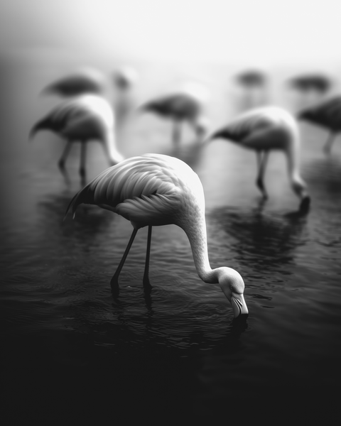 Flamingos in Lagoon | Framed Poster | Premium Frame | Black & White - chaipeau