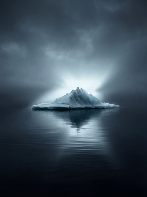Generative art print of a pyramidal iceberg reflecting in calm Antarctic water, misty atmosphere, framed in matte black solid wood.