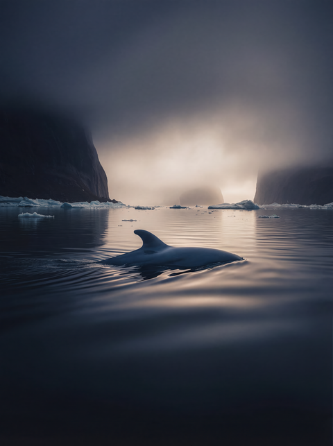 Generative art print of a Minke Whale surfacing in calm water, misty mountains in background, framed in matte black solid wood.