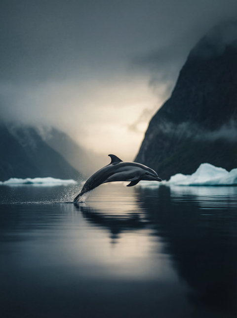Generative art print of two Hourglass Dolphins breaching in synchronized flight, misty mountain background, framed in matte black solid wood.