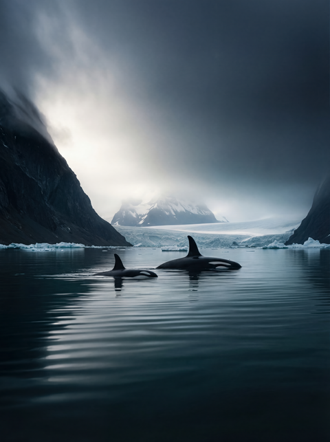 Generative art print of two Orcas swimming in the Lemaire Channel, Antarctic mountain background, framed in matte black solid wood.