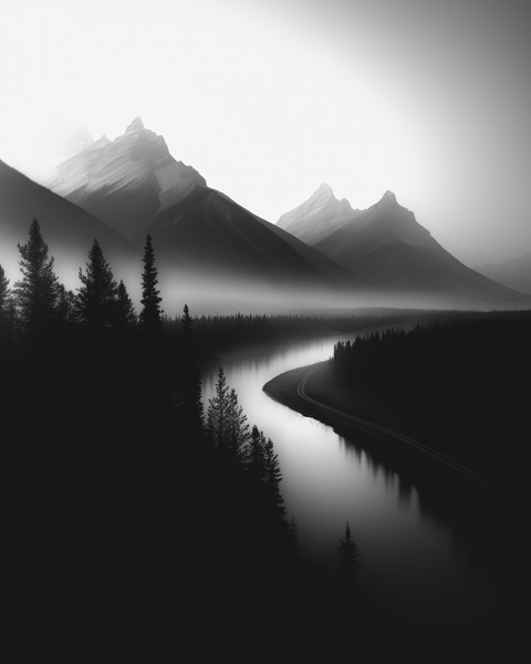 River Winding Through Forest | Framed Poster | Premium Wooden Frame | Black & White - chaipeau