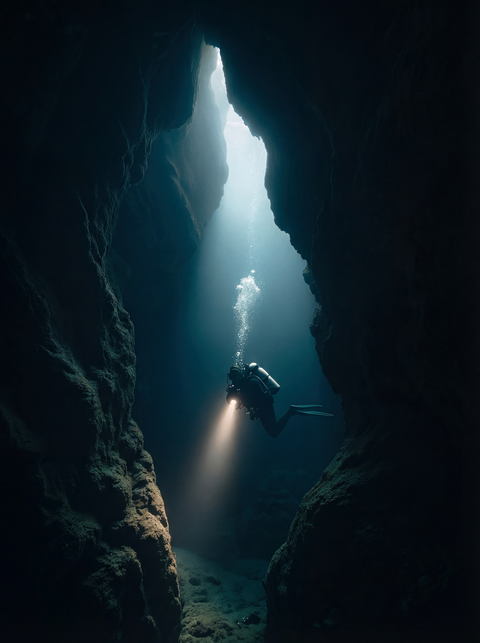 Generative art print of a scuba diver exploring a deep volcanic basalt canyon, torch beam lighting teal water, framed in matte black solid wood.