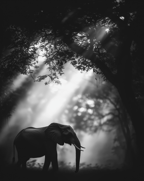African Forest Elephant, Congo Rainforest, Equatorial Guinea | Generative Monochrome Fine Art Print - chaipeau