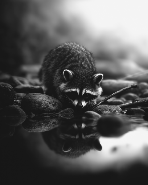 Raccoon Reflection | Framed Poster | Premium Wooden Frame | Black & White - chaipeau