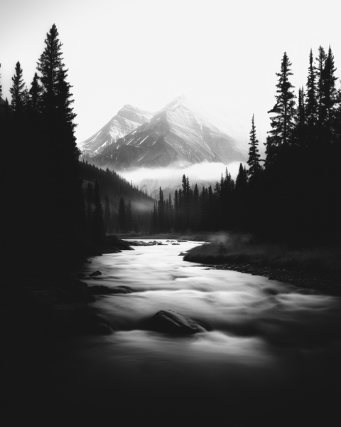 River Landscape | Framed Poster | Premium Wooden Frame | Black & White - chaipeau