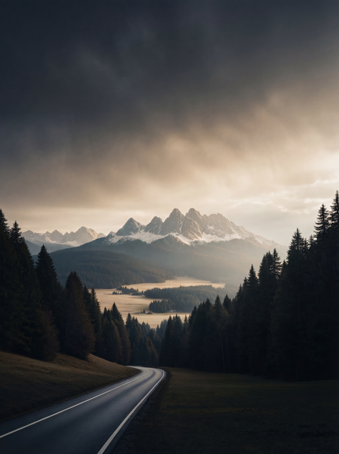 Generative art print of a winding wet mountain road leading to sunlit snowy peaks, cinematic lighting, framed in matte black solid wood.