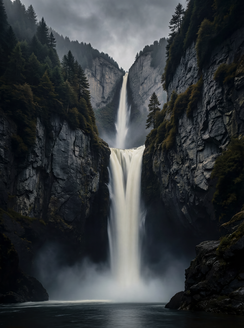 Generative art print of a tiered alpine waterfall in a narrow gorge, long exposure style, framed in matte black solid wood.