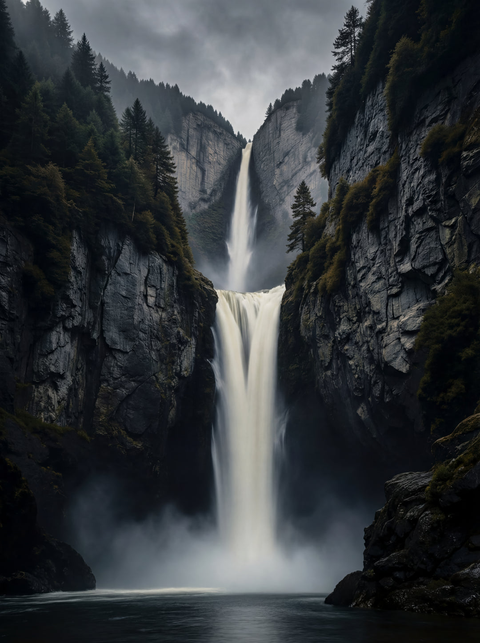 Generative art print of a tiered alpine waterfall in a narrow gorge, long exposure style, framed in matte black solid wood.