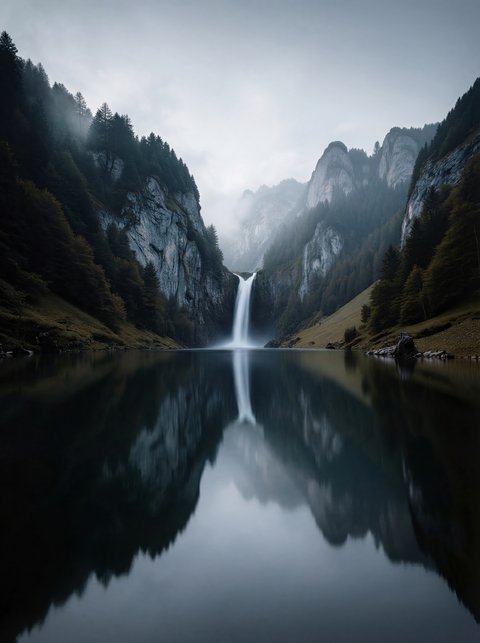 Generative art print of a slender waterfall flowing into a mirror-still alpine lake, symmetrical composition, framed in matte black solid wood.