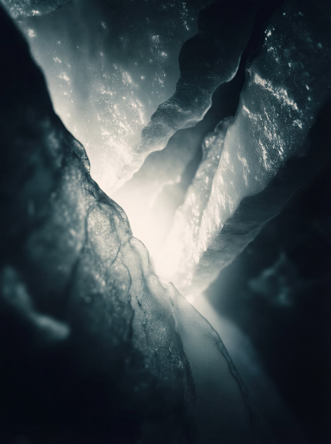 Generative art print of the interior of a glacial crevasse, abstract blue ice textures and light rays, framed in matte black solid wood.