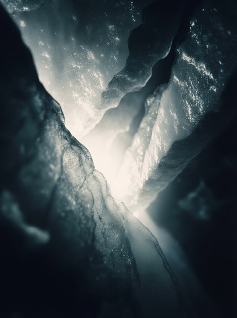 Generative art print of the interior of a glacial crevasse, abstract blue ice textures and light rays, framed in matte black solid wood.