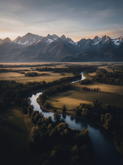 Generative art print of a winding river in the San Luis Valley, aerial view, sunset light, Sangre de Cristo mountains, framed in matte black solid wood.