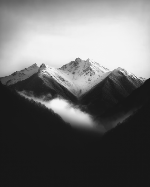 Snow-Capped Peaks | Framed Poster | Premium Wooden Frame | Black & White - chaipeau