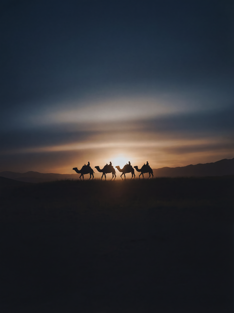 Generative art print of a camel caravan silhouetted against a golden sunset in Wadi Rum, desert landscape, framed in matte black solid wood.