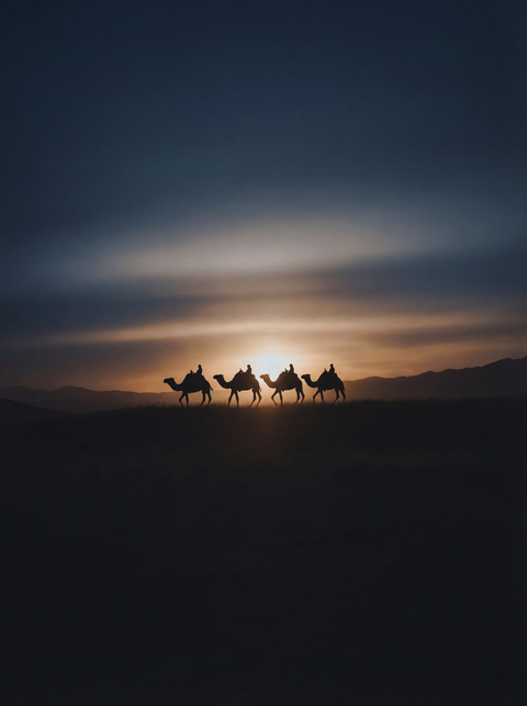 Generative art print of a camel caravan silhouetted against a golden sunset in Wadi Rum, desert landscape, framed in matte black solid wood.