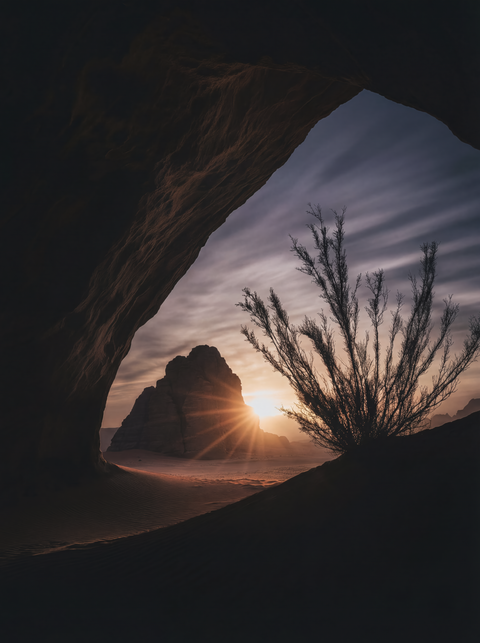 Generative art print of a natural sandstone arch framing a desert sunrise, starburst sun, distant mountains, framed in matte black solid wood.