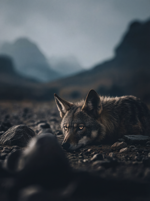 Generative art print of an Arabian Wolf resting on rocky desert ground, direct gaze, soft focus background, framed in matte black solid wood.