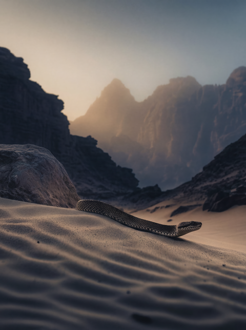 Generative art print of a Desert Horned Viper moving across sand ripples, low angle, canyon background, framed in matte black solid wood.