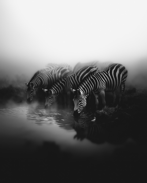 Zebra Herd | Framed Poster | Premium Wooden Frame | Black & White - chaipeau