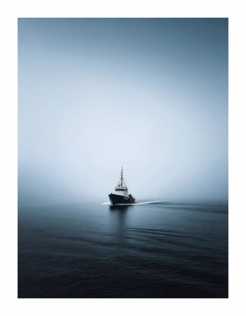 Main image "Into the Grey" – Minimalist Fishing Boat Fine Art Print