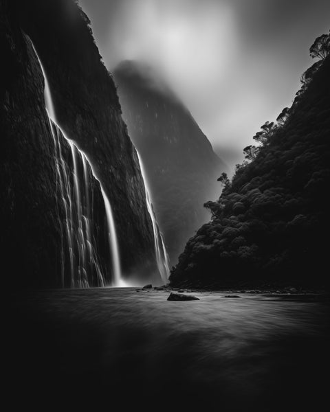 Waterfall at Milford Sound in New Zealand | Generative Fine Art Print Monochrome - chaipeau