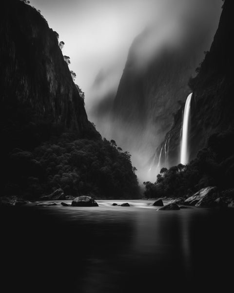 Waterfalls near Fiordland National Park in New Zealand | Generative Fine Art Print Monochrome - chaipeau