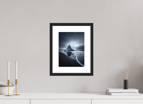 21 x 28 cm, Fine Art Print — Framed "Obsidian Shore" – Sculptural Iceberg on Black Sand Fine Art Print