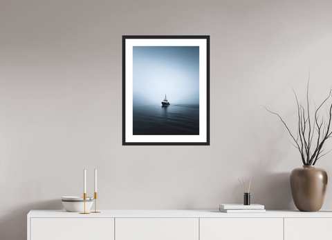 45 x 60 cm, Fine Art Print — Framed "Into the Grey" – Minimalist Fishing Boat Fine Art Print