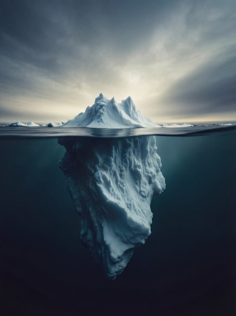 Split-view fine art print showing an iceberg above water with jagged peaks and a massive underwater portion fading into deep teal darkness.