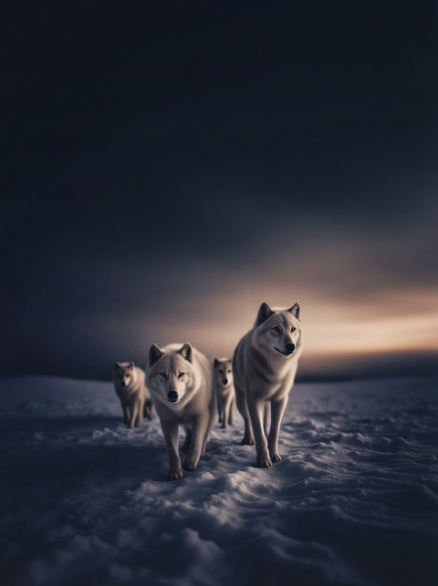 Fine art print of a pack of Arctic wolves walking across snow at twilight with storm clouds and a golden horizon.
