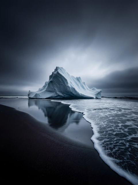 "Obsidian Shore" – Sculptural Iceberg on Black Sand Fine Art Print