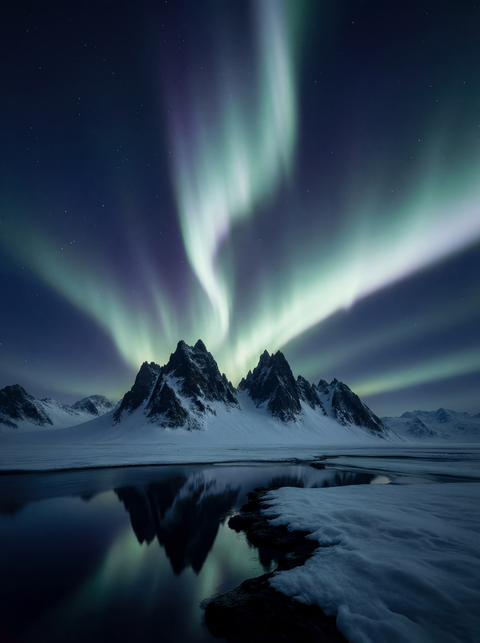 Fine art print of vibrant green aurora borealis reflecting in a still pool beneath snow-covered mountain peaks at night.