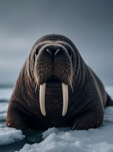 Fine art portrait of an Atlantic walrus on sea ice with large tusks, looking directly at the camera.