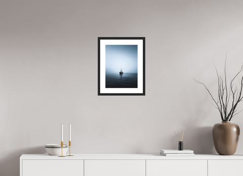 30 x 40 cm, Fine Art Print — Framed "Into the Grey" – Minimalist Fishing Boat Fine Art Print