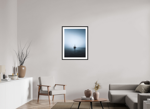 60 x 80 cm, Fine Art Print — Framed "Into the Grey" – Minimalist Fishing Boat Fine Art Print
