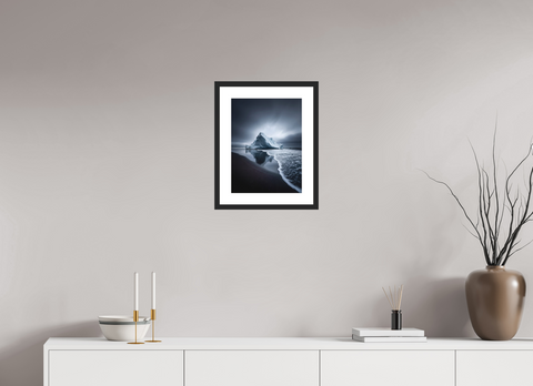 30 x 40 cm, Fine Art Print — Framed "Obsidian Shore" – Sculptural Iceberg on Black Sand Fine Art Print