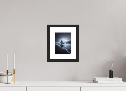 15 x 20 cm, Fine Art Print — Framed "Obsidian Shore" – Sculptural Iceberg on Black Sand Fine Art Print